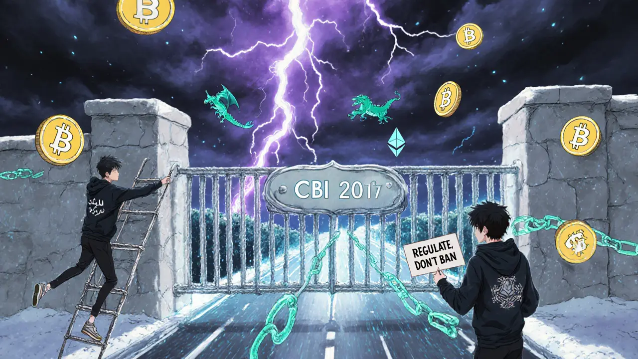A giant stone gate labeled &#039;CBI 2017&#039; blocks a digital highway of crypto coins, young innovators trying to climb it.