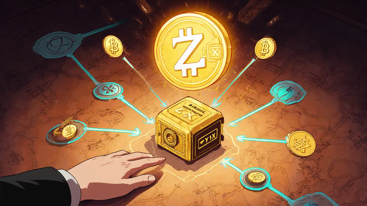 A glowing ZYX token above a blockchain network, with revenue streams flowing into a treasury vault.