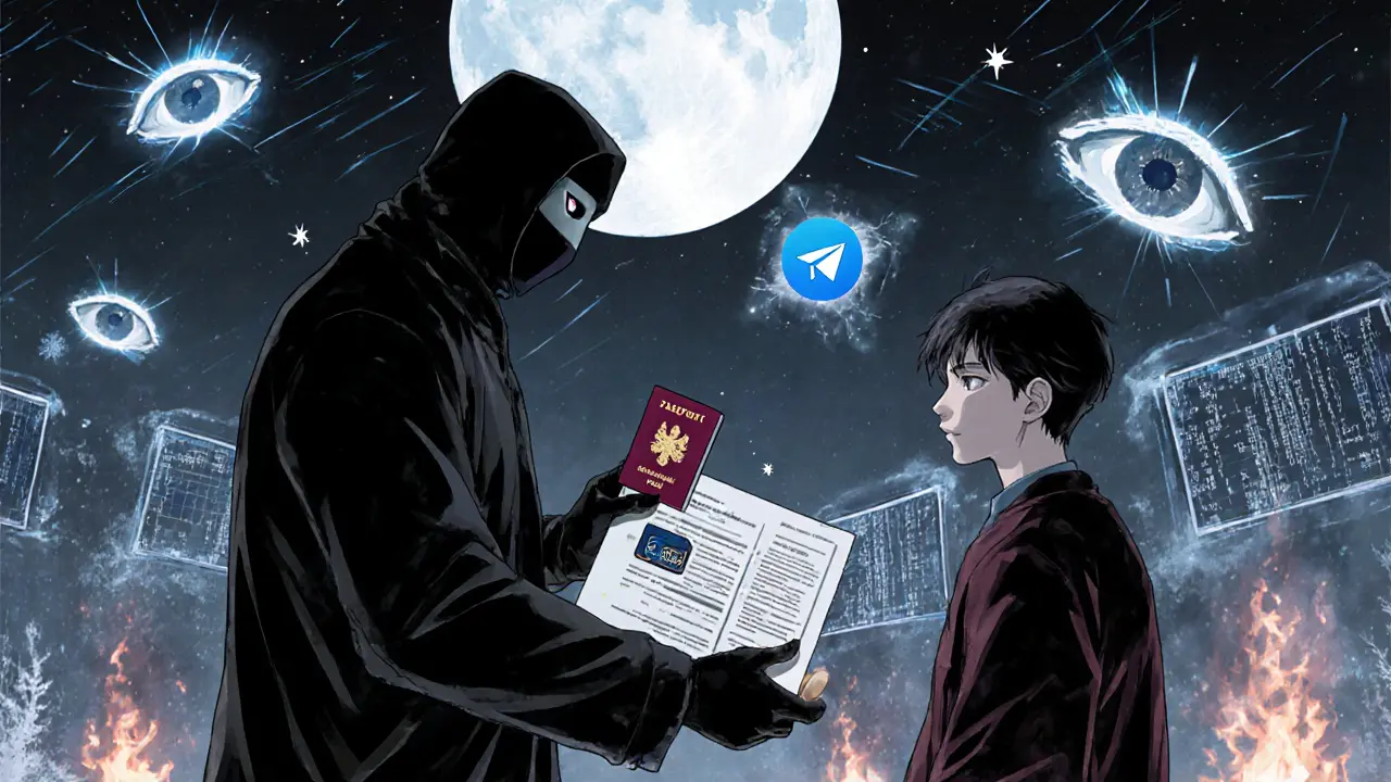 A masked seller hands fake identity documents to a nervous trader in a shadowy Telegram marketplace.