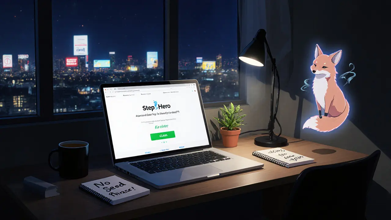 A quiet room with a laptop showing the Step Hero airdrop page, a coffee cup, and a fox spirit avatar watching over the scene.