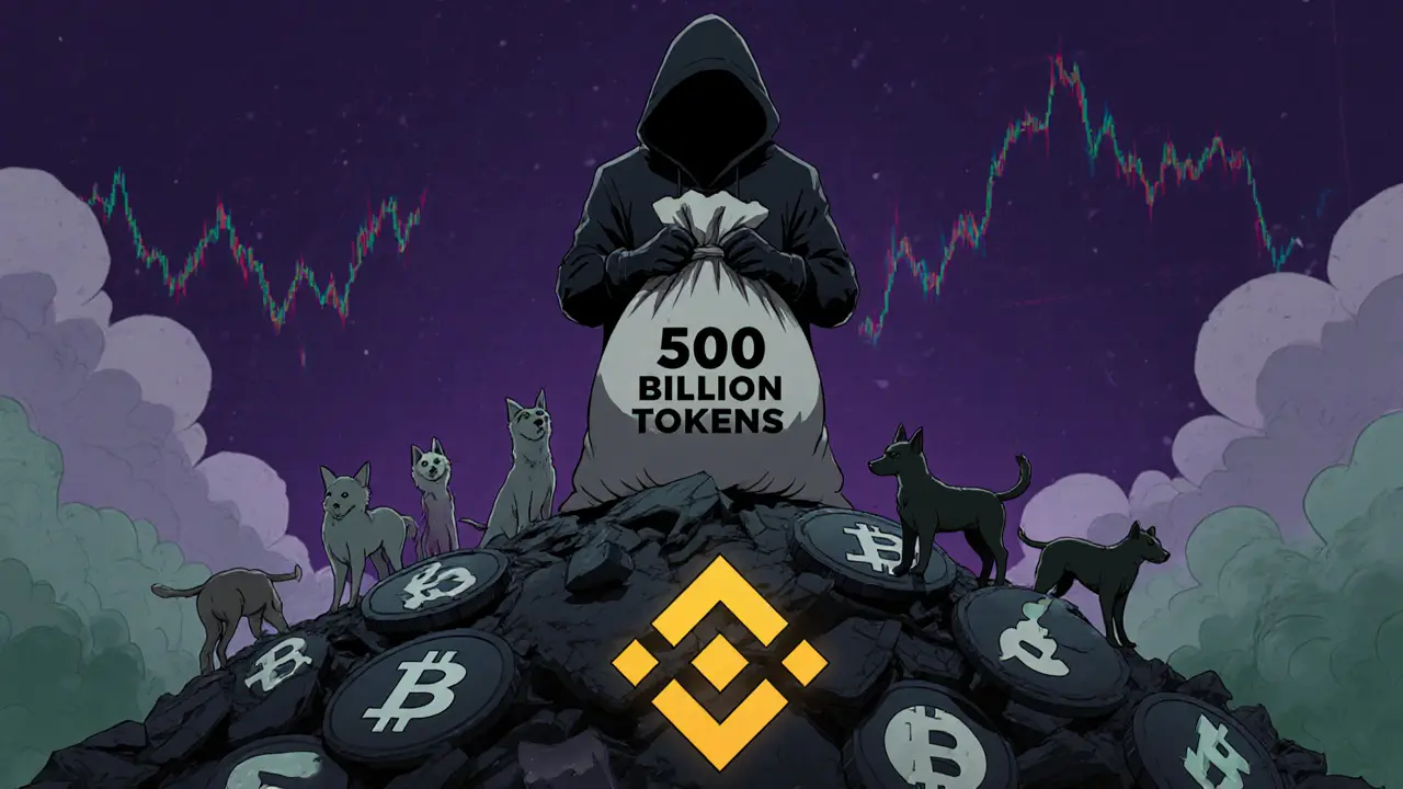 A shadowy figure holds a giant sack of 500 billion tokens atop crumbling crypto charts, with ghostly pets vanishing around them.
