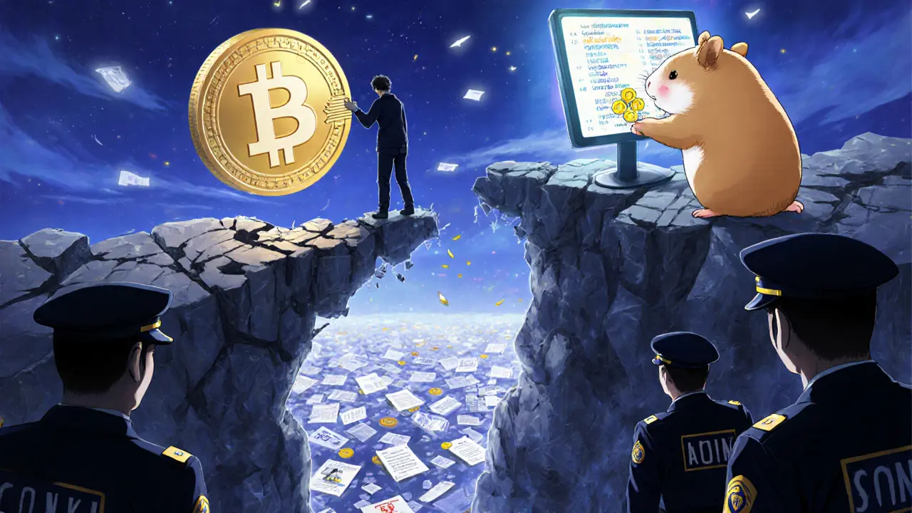 A trader reaches for a Bitcoin above a chasm of frozen accounts, while a hamster taps a screen for small crypto rewards.