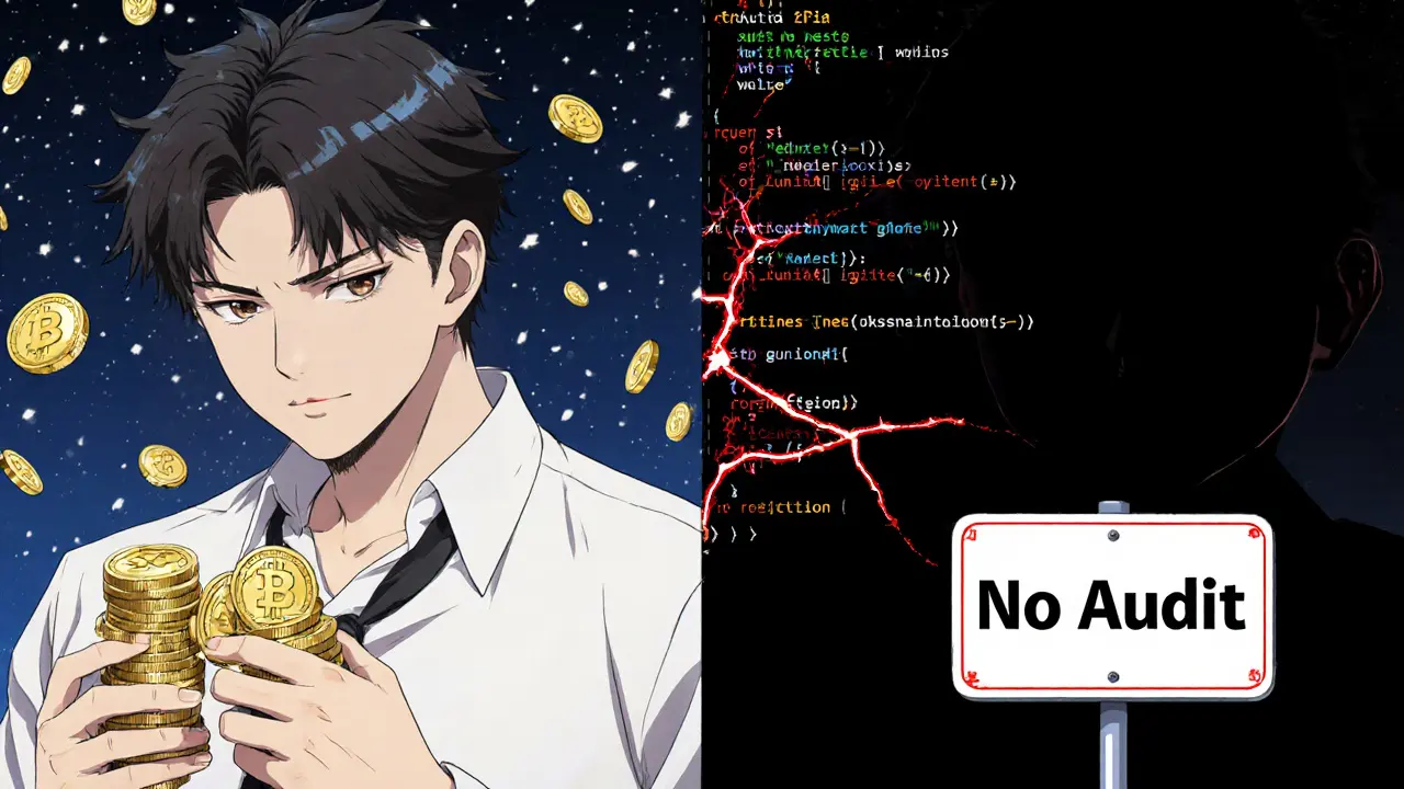 A trader staking tokens under a starry sky while an un-audited smart contract glows with warning cracks.