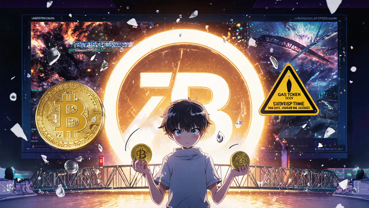 A user confused between Bitcoin and WBTC at a bridge terminal with warning signs, anime style.
