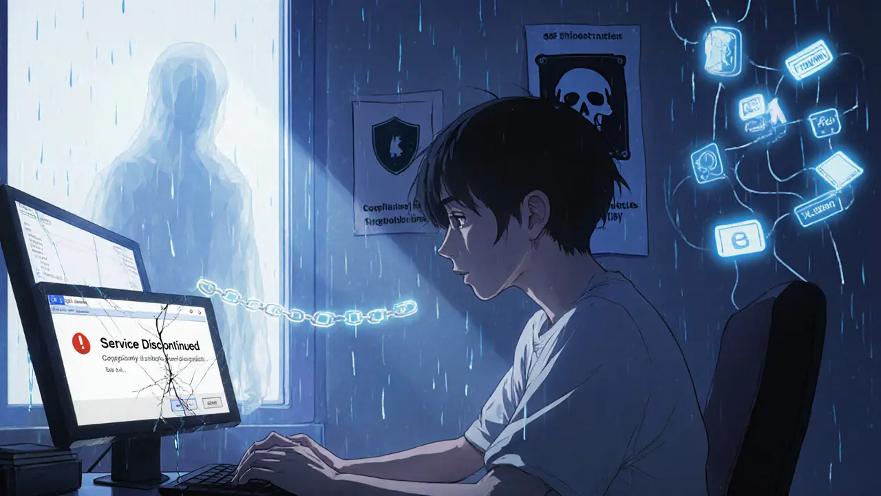 A user stares at a blank screen as ghostly criminal connections fade away, symbolizing the end of anonymous crypto use.