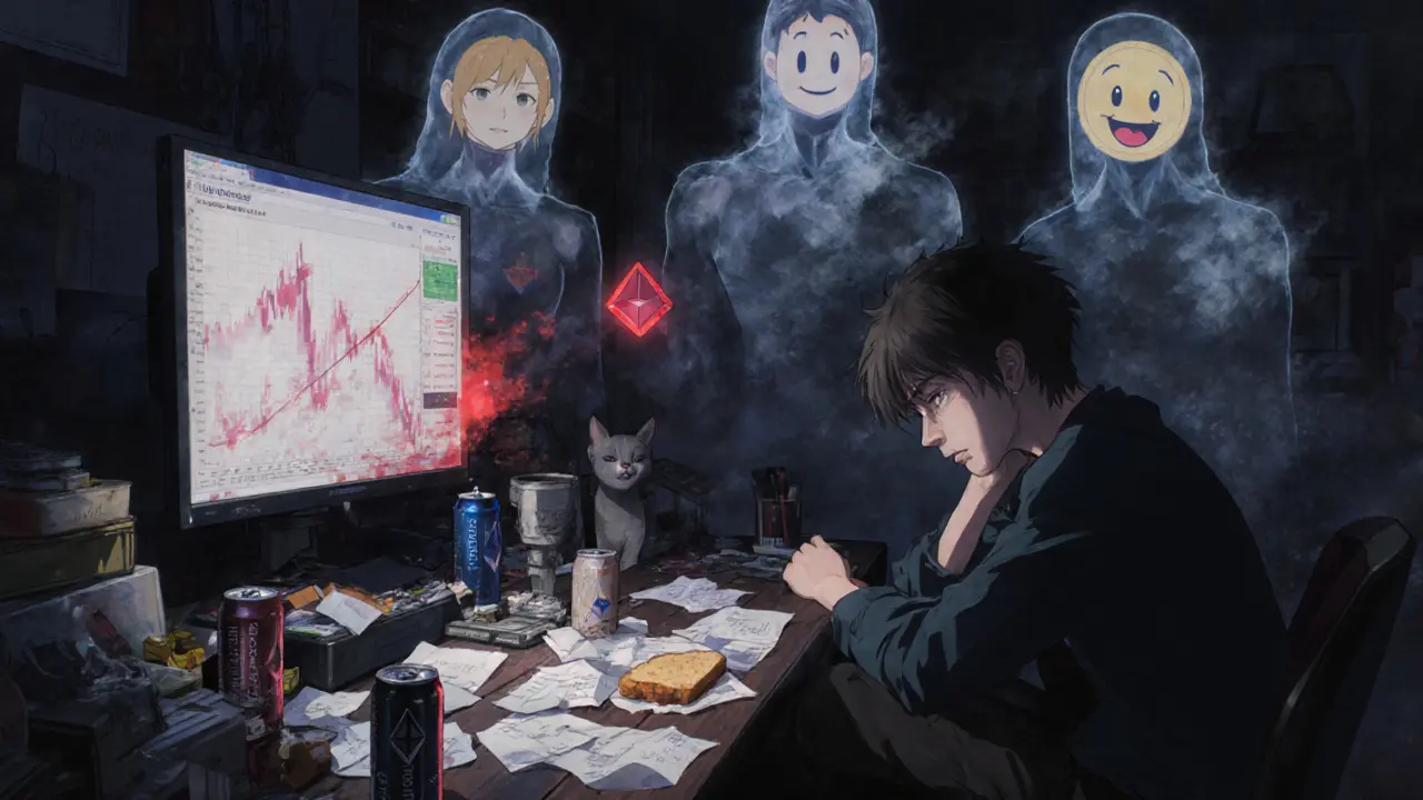 A young trader in a dim room watches Ethereum crash on screen, ghostly crypto figures fading into smoke.