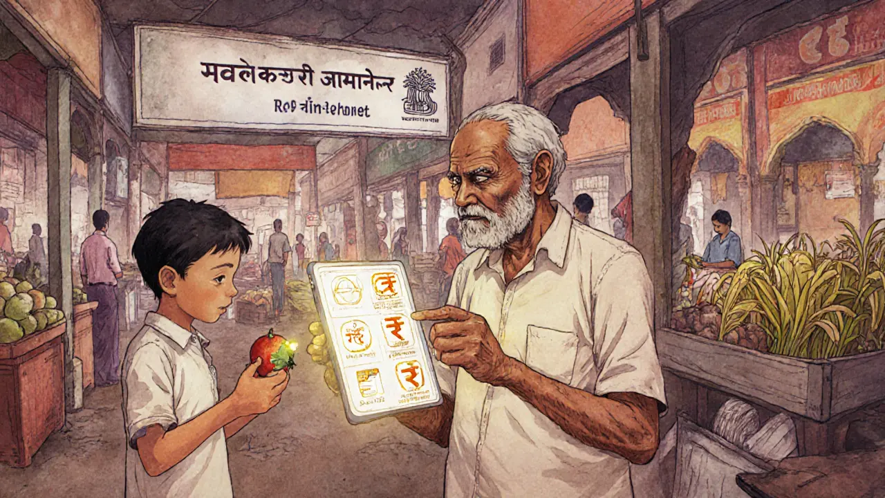 An elderly farmer in India receiving a digital payment via a simple tablet in a marketplace.