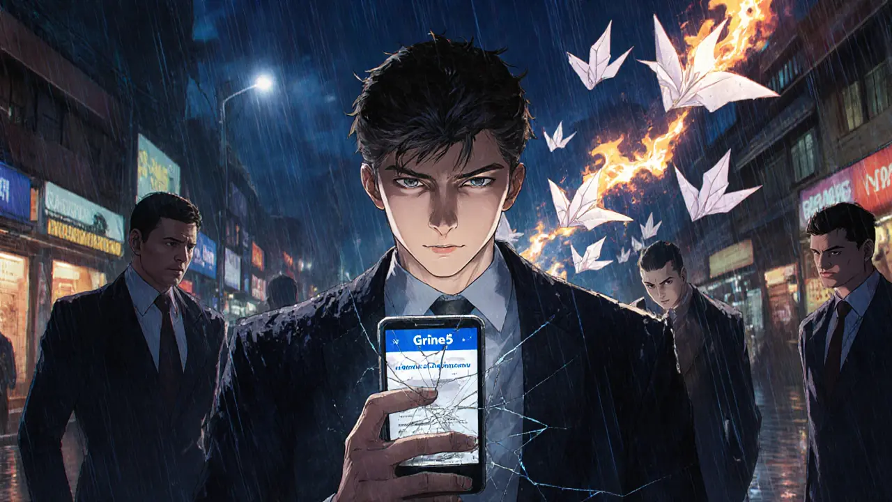 Anime depiction of a Garantex co-founder arrested in rain, with A7A5 tokens spiraling into the night sky.