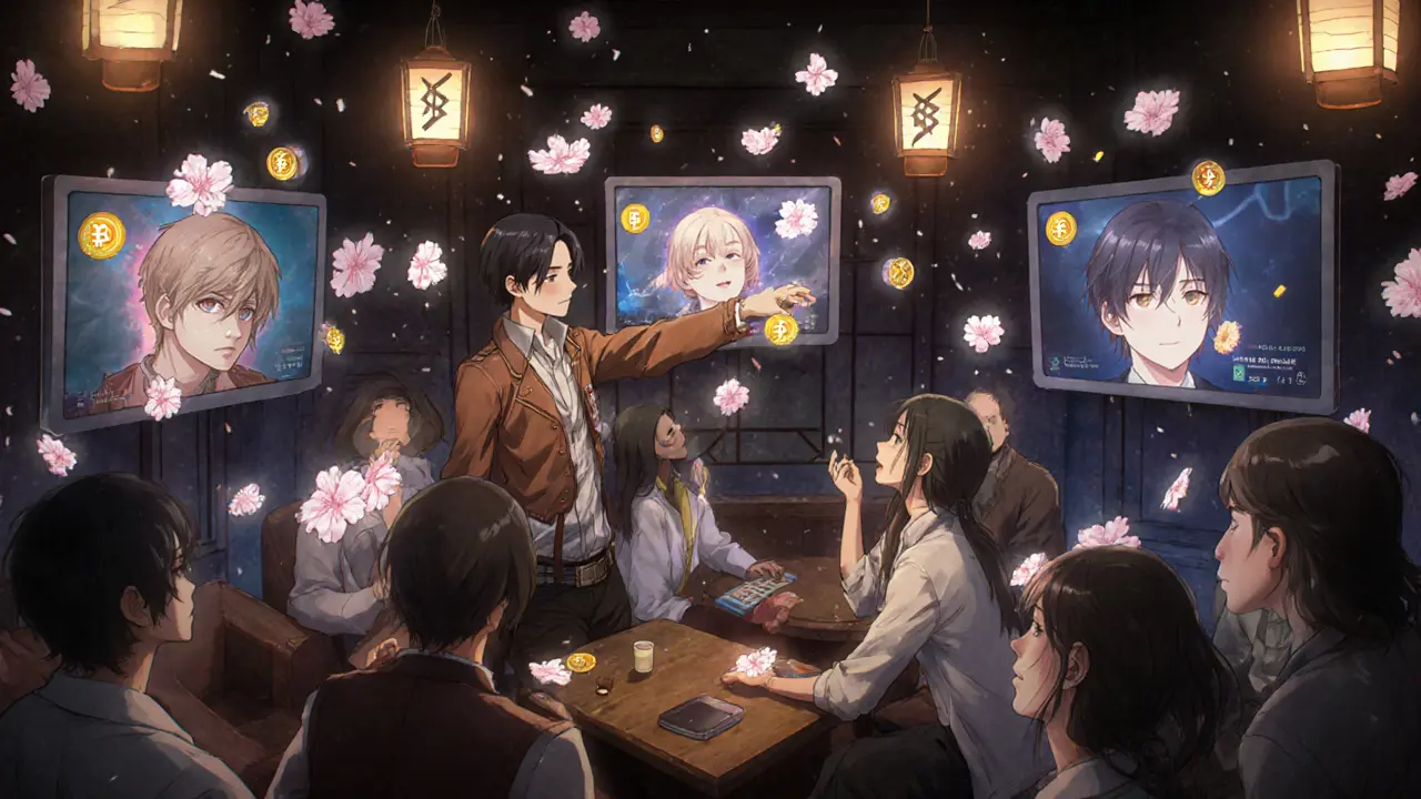 Anime fans in a cozy lounge trading NFTs and tokens amid cherry blossoms made of crypto symbols.