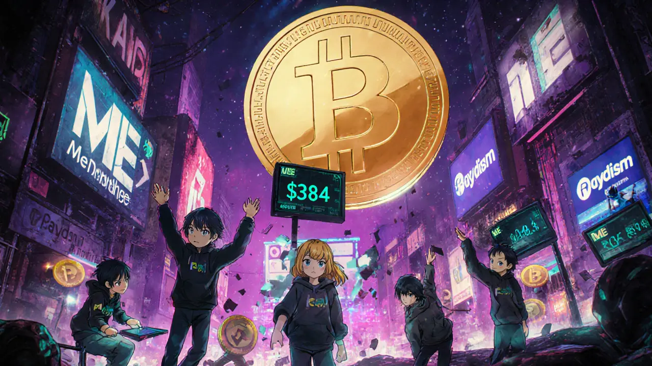 Anime investors trading ME tokens in a neon cyberpunk marketplace