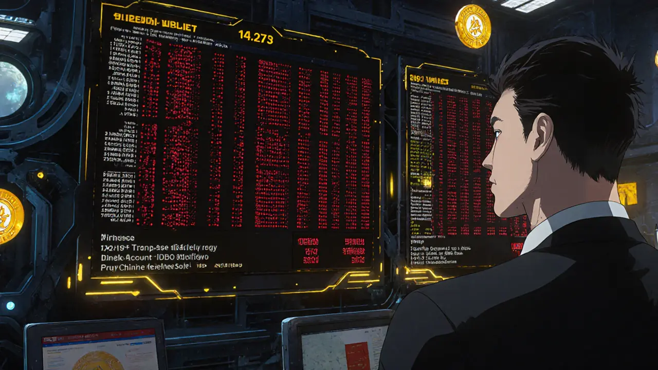 Bank officers monitor a wall of flagged crypto transactions with 14,273 blacklisted addresses pulsing in red.