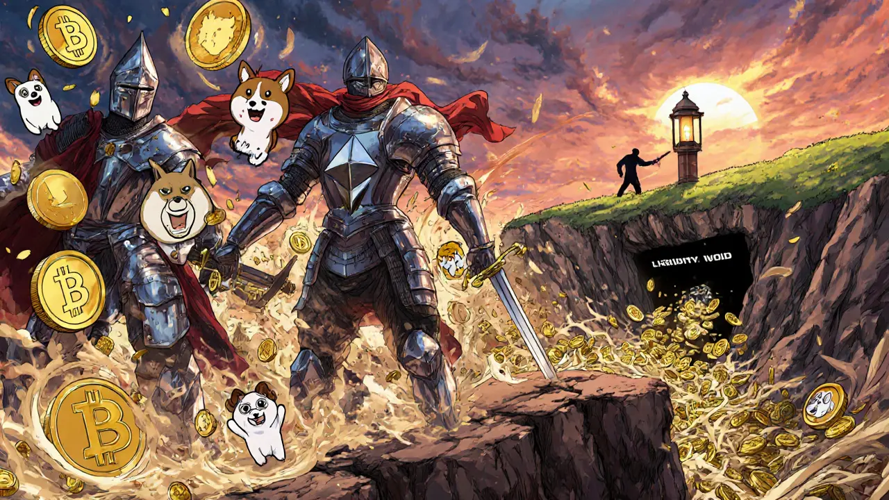 Bitcoin and Ethereum knights stand on a cliff as memecoins disintegrate, while a black hole drains liquidity.
