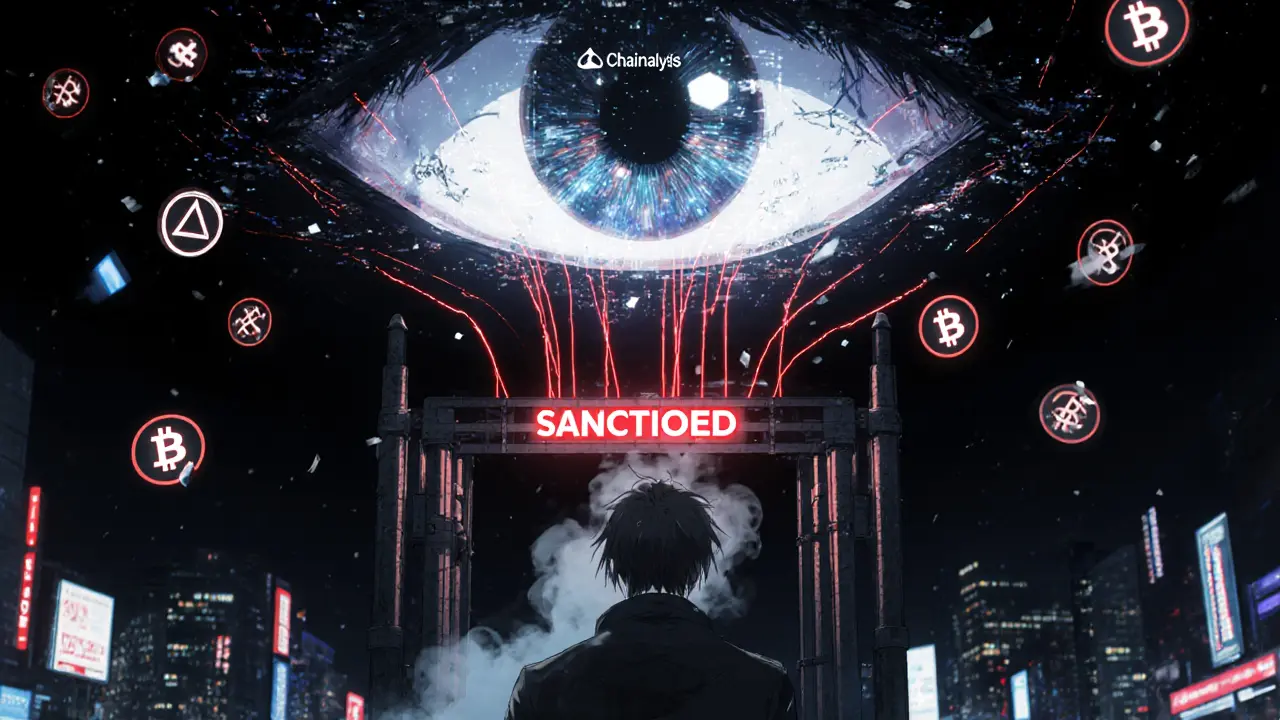 Criminal using mixers as AI eye traces their flagged crypto path through blockchain chains.