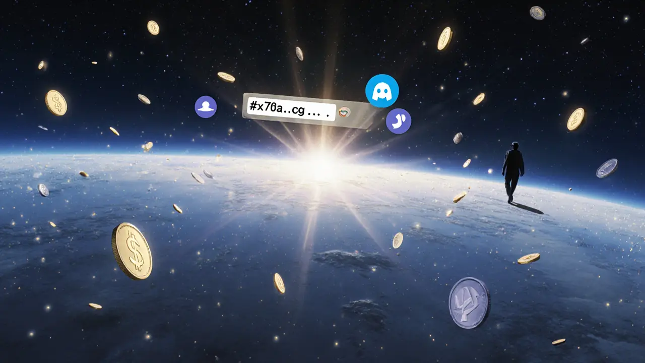 Floating $HERO tokens drift like fireflies around a shining wallet address in a vast digital void, symbolizing a rare opportunity.