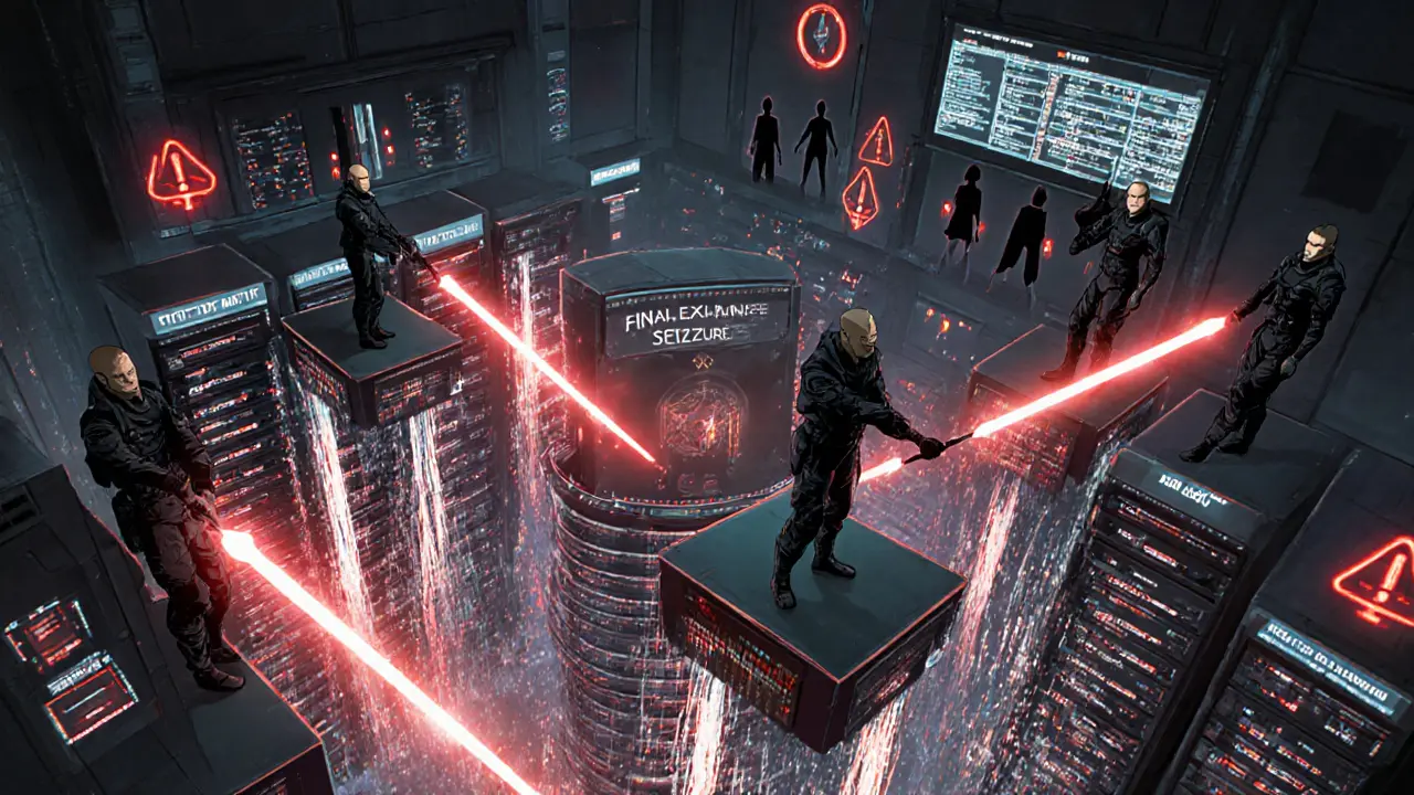 German agents destroy hidden crypto servers in a digital battlefield, torrents of data flowing into a central vault.