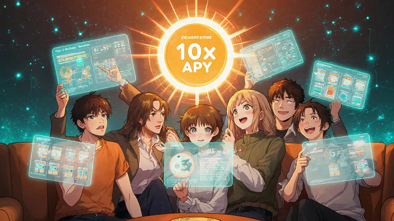 Group of users celebrating referral rewards and farming levels in digital lounge