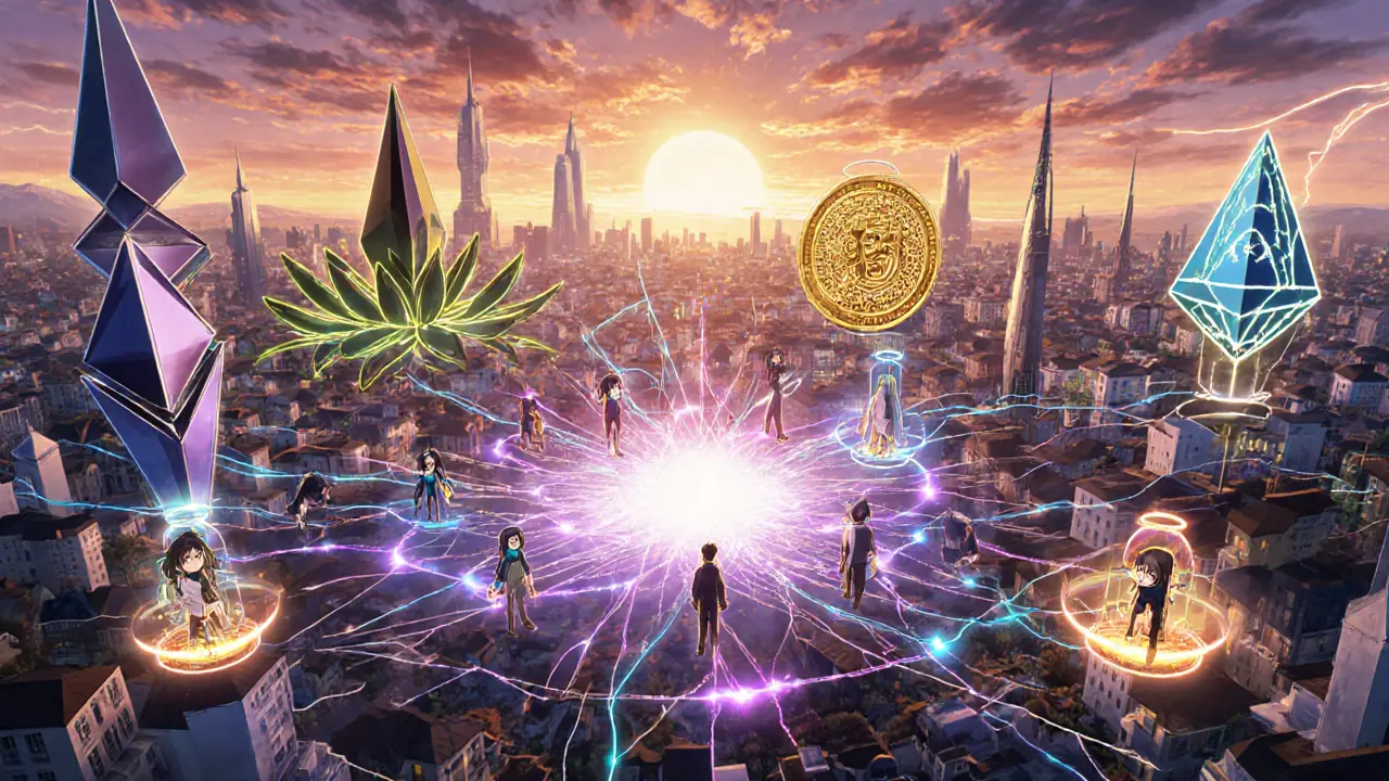 Interconnected blockchain validator networks converging into a trust vortex with delegating users