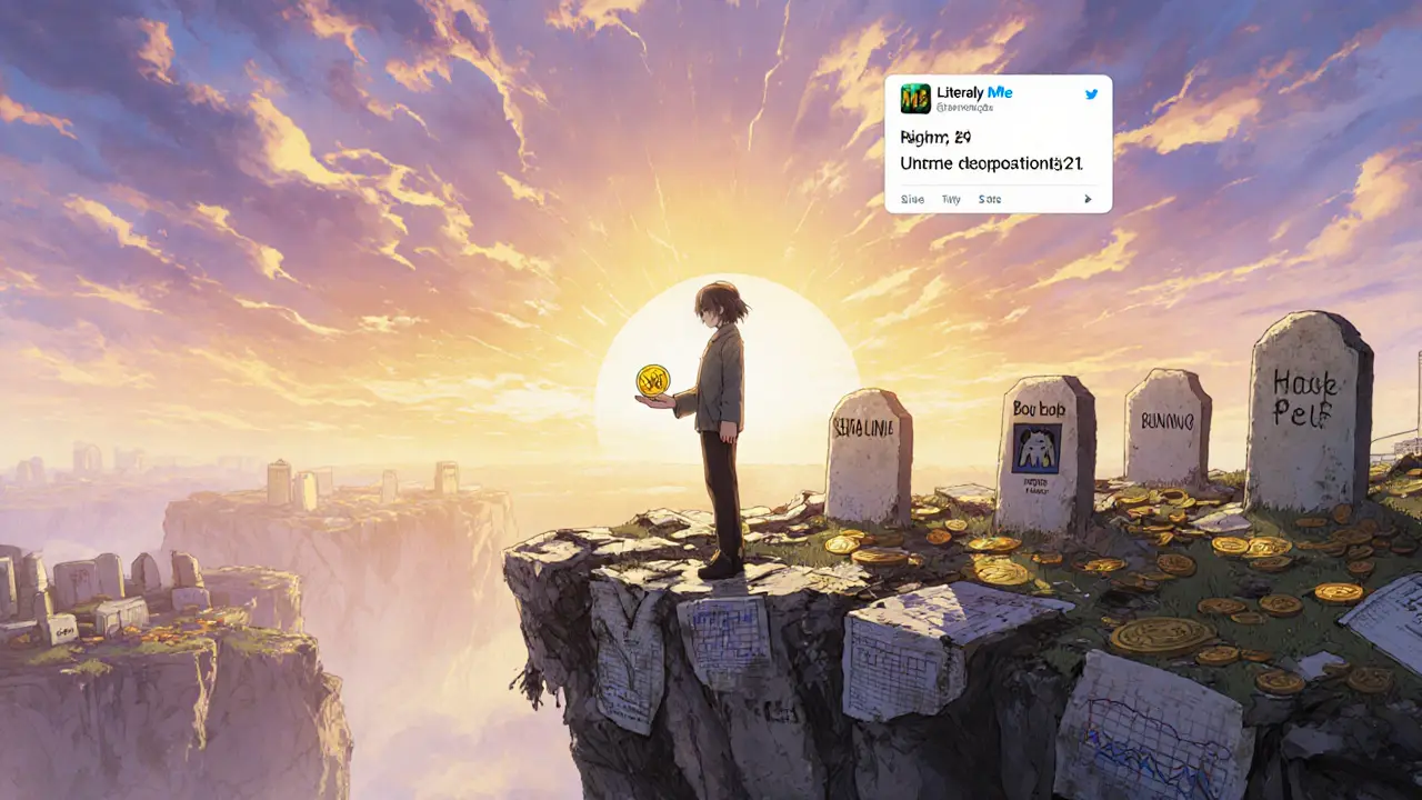 Lone figure holding ME token on cliff of dead crypto projects