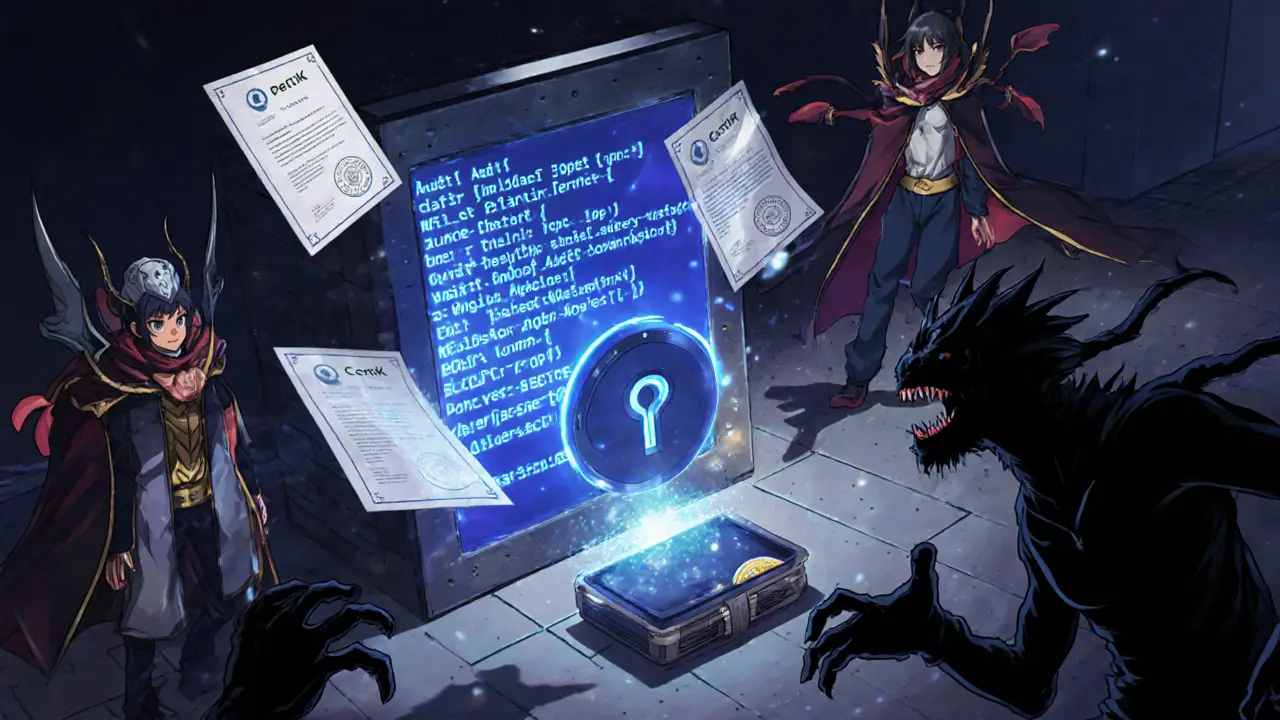 Secure smart contract vault guarded by anime spirits with CertiK audit certificates glowing nearby.