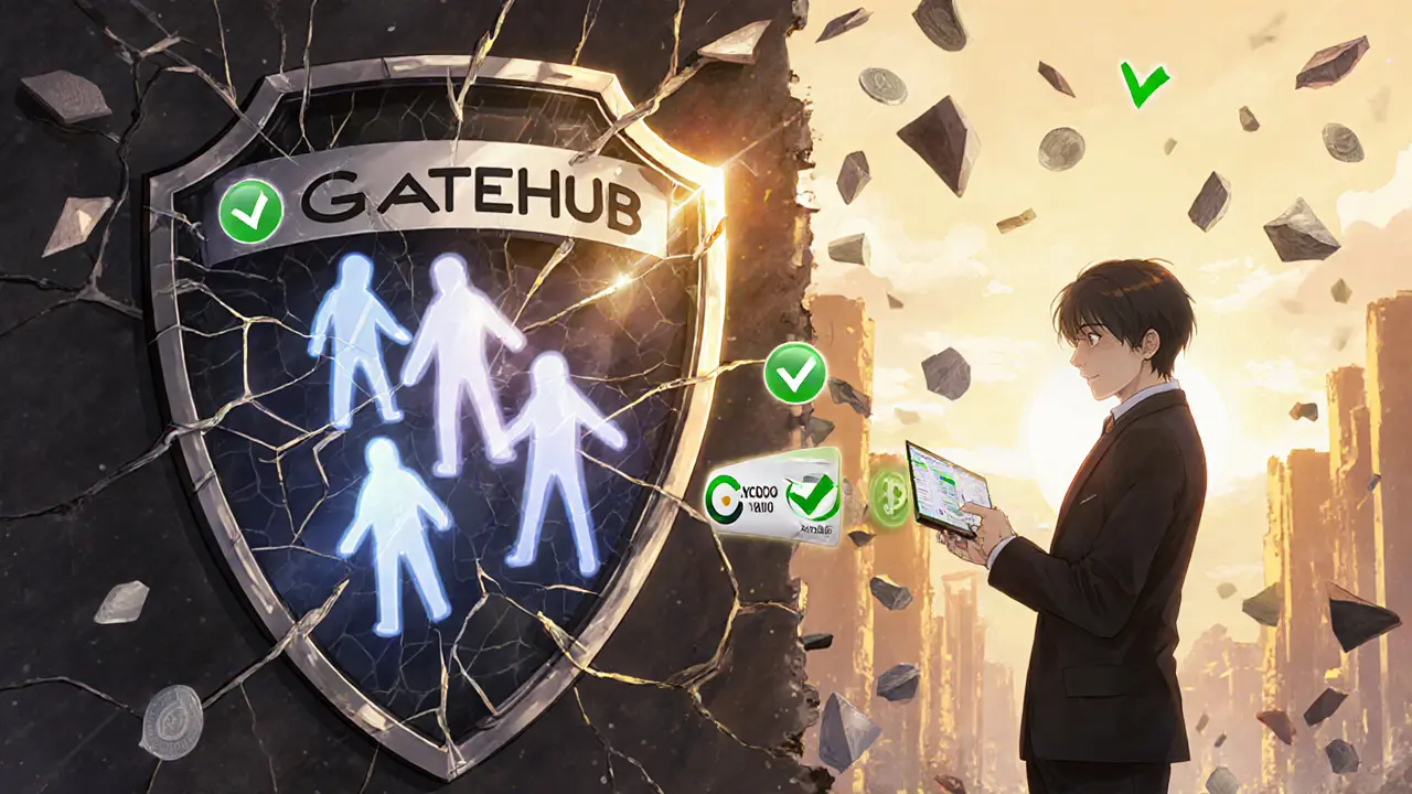 Shattered GateHub security shield with ghostly thefts behind it, while safer wallets glow in golden light.