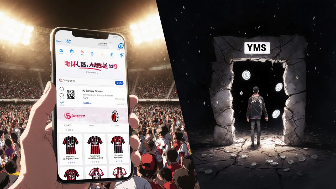 Split scene: vibrant fan voting app on one side, broken YMS portal on the other, symbolizing digital neglect.