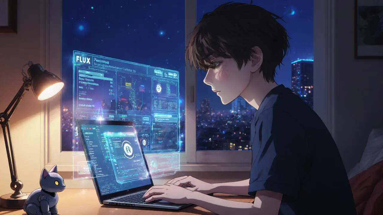 Teenager running Flux node on laptop at night, holographic tokens glowing on screen.