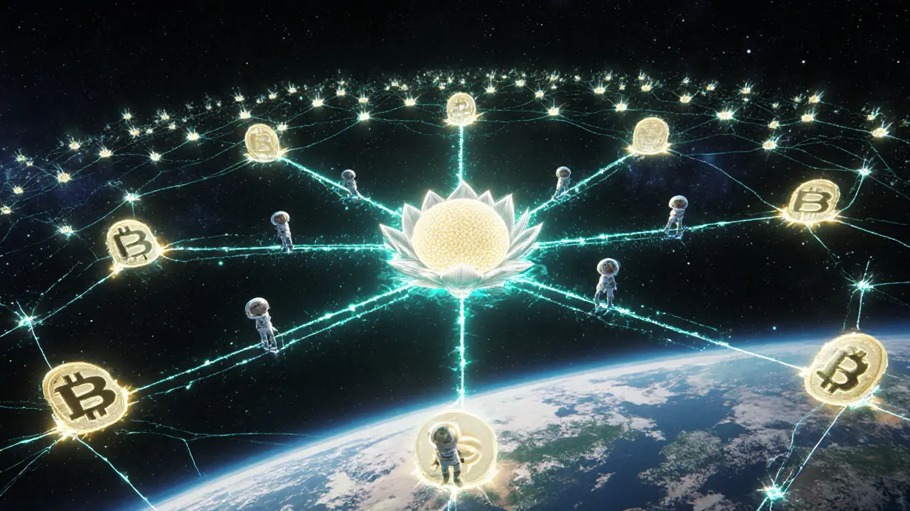 Thousands of floating blockchain nodes forming a glowing constellation in space.