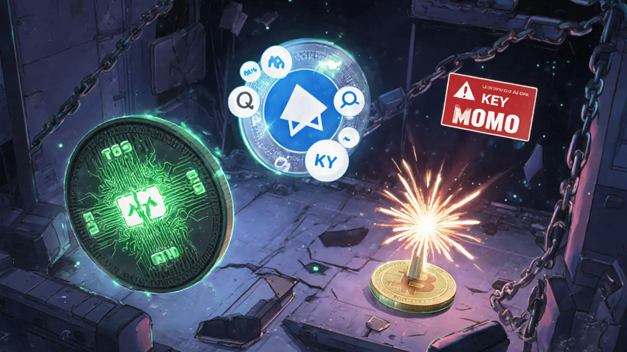 Three Momo tokens glowing beside a cracked, dim MoMo KEY token in digital space.
