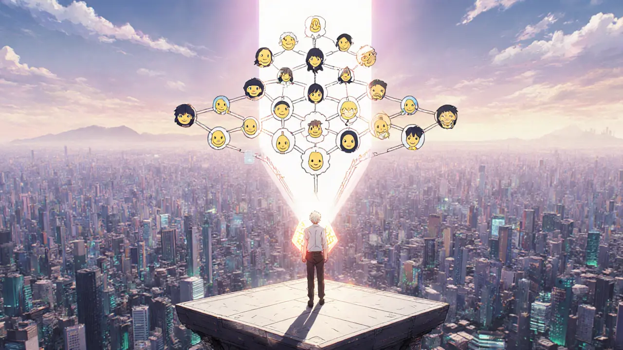 Trader holding 500 NMX stake crystal forming a binary tree of avatars in anime style