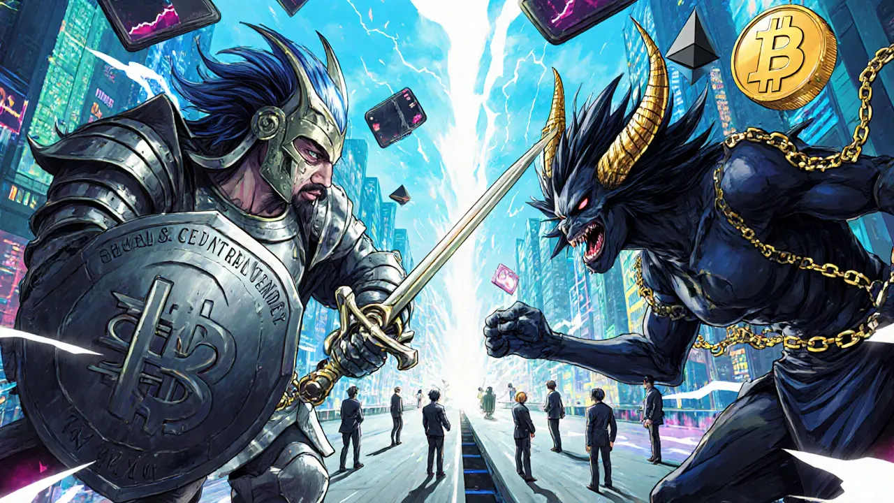 Two epic figures representing CBDC and crypto battling on a bridge splitting into two futures.