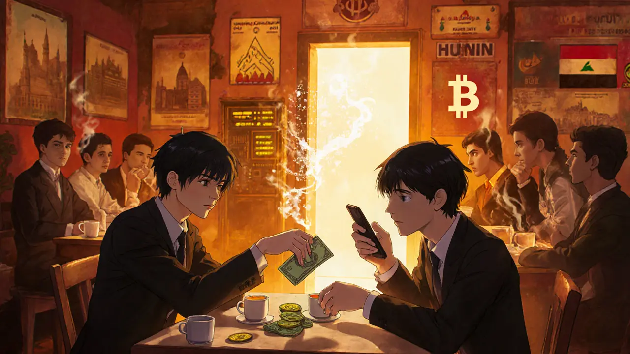 Two people exchange cash for Bitcoin in a Baghdad cafe, private key sent via phone, mining rigs visible in background.
