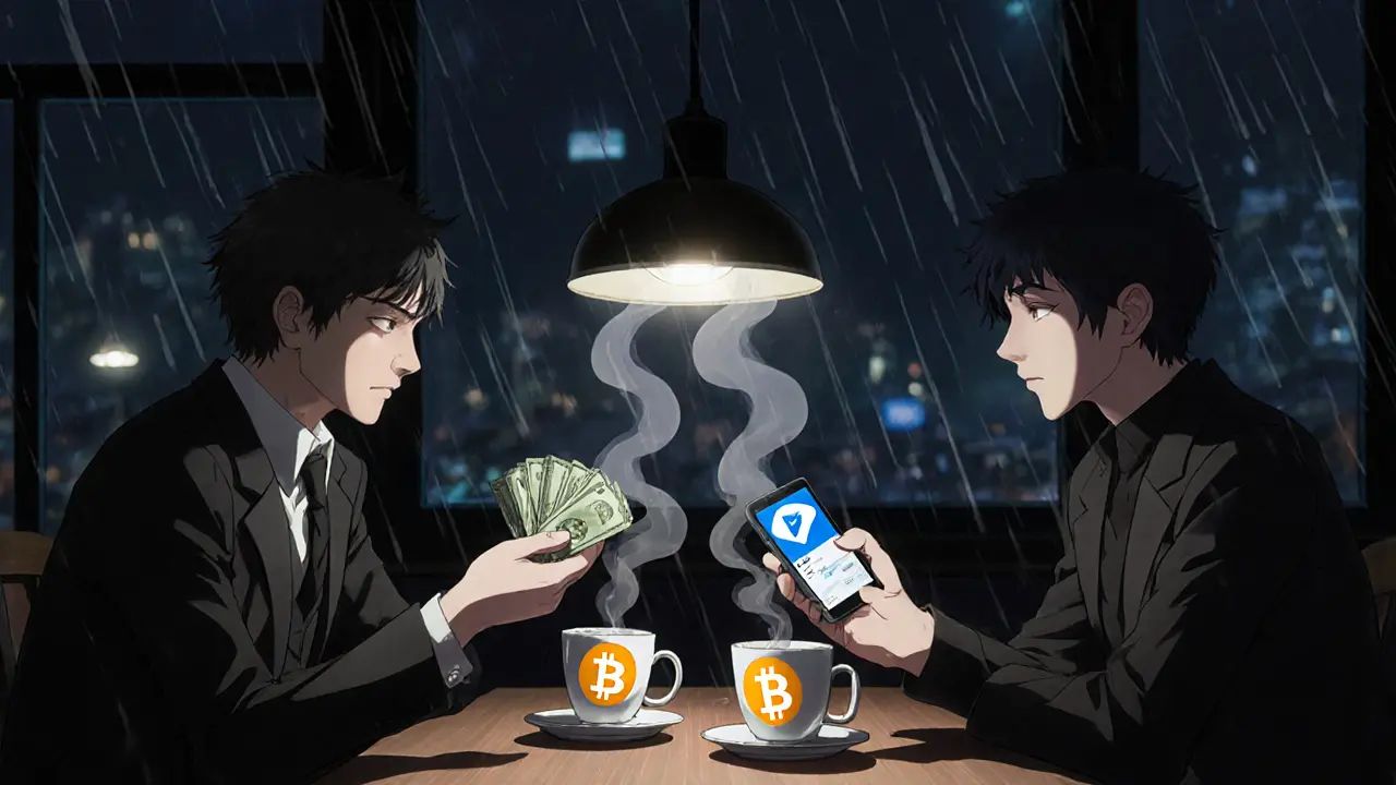 Two people trading crypto via Telegram in a café, one handing over lira cash while the other confirms the transaction on a phone in dim lighting.