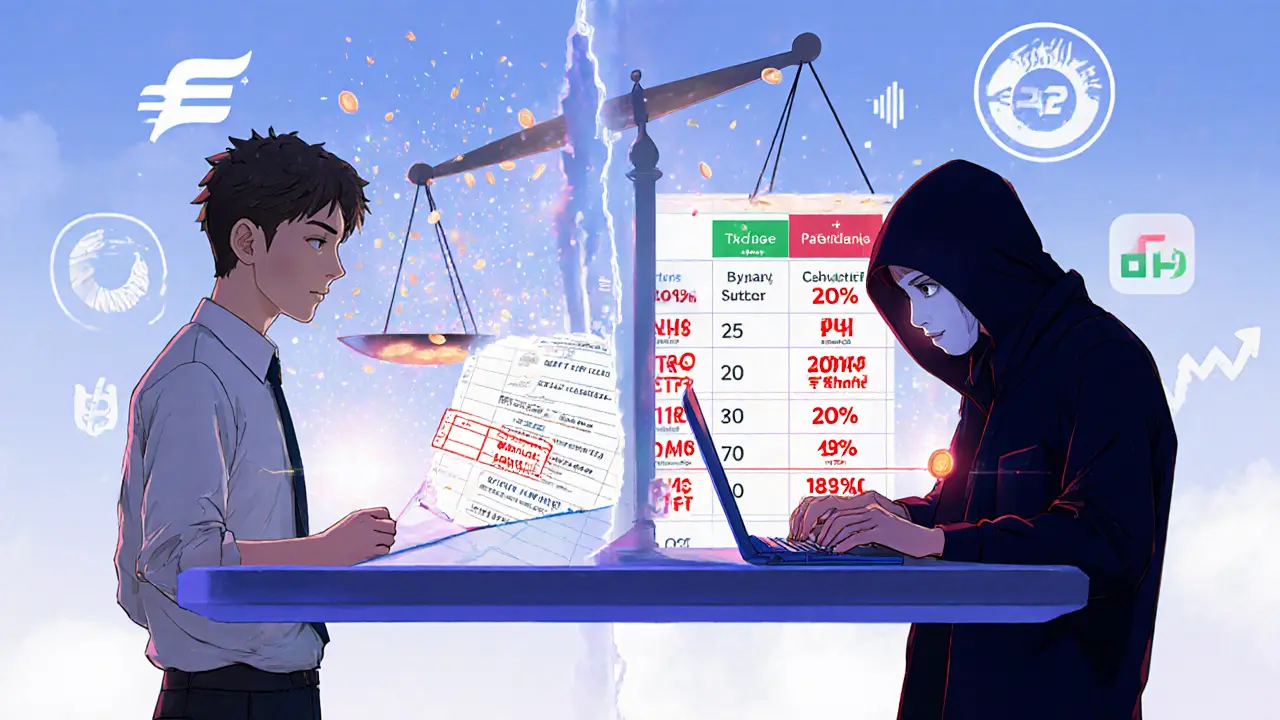 Two traders interact across a digital transaction screen—one automated, one manual—with tax symbols looming in the background.