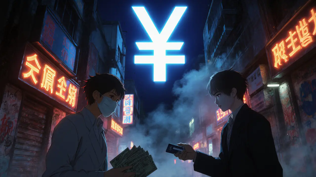 Underground traders exchange cash and gift cards in an alley while a giant digital yuan hologram dominates the skyline.