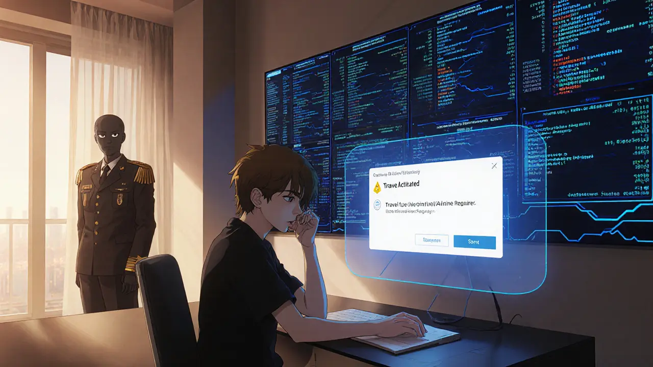 Young person sending crypto with a compliance alert hologram, AI analyst watching from behind.