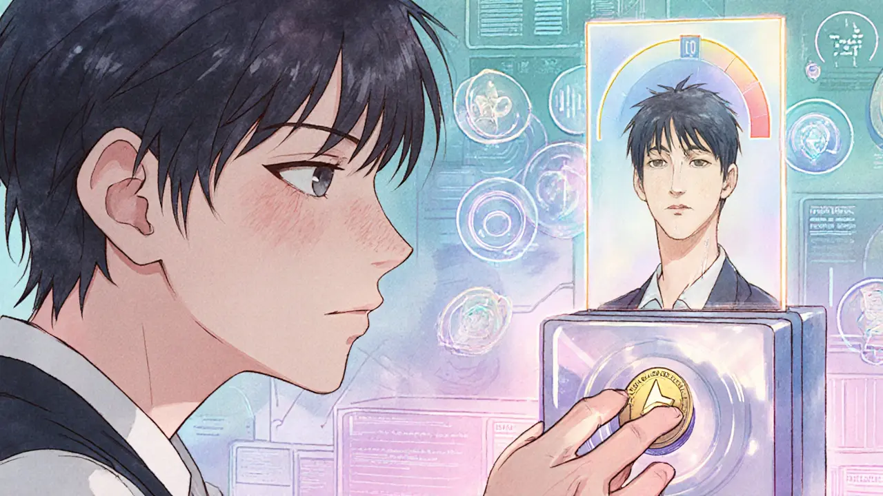 Young person staking SOL with future validator reflection and reputation icons floating nearby