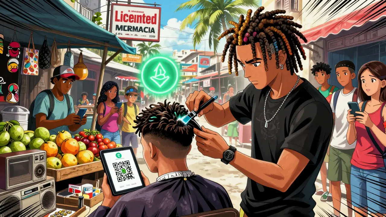 A barber in Havana accepting Ethereum for a haircut in a vibrant street market.