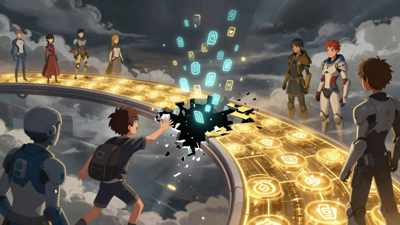 A broken bridge between blockchains with royalty data falling into void, while Enjin’s chain glows safely on one side.