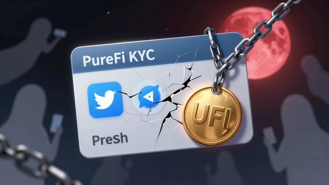 A broken PureFi KYC ID card with fading social icons, a lone UFI token hanging from a broken chain.