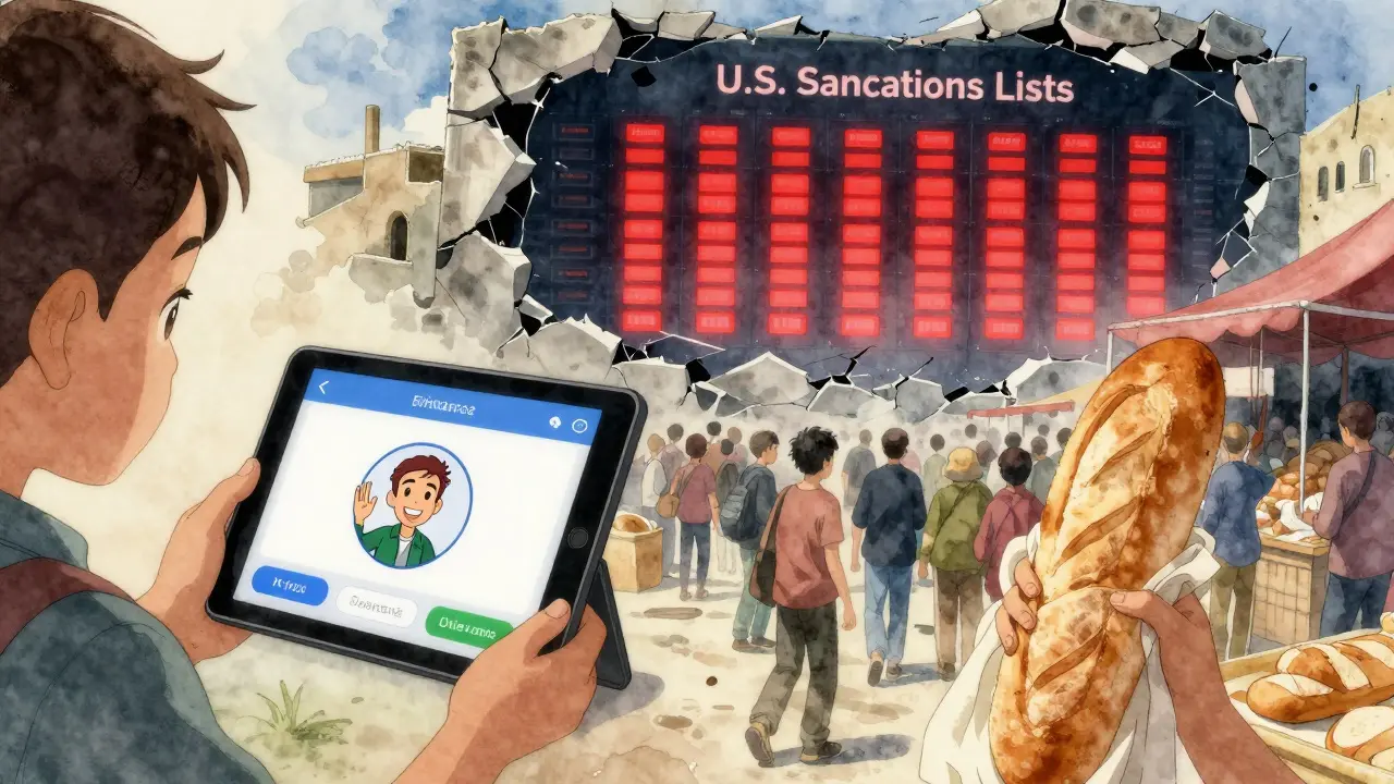 A child receiving digital money on one side, clutching bread on the other, blocked by a wall of red sanctions bars.