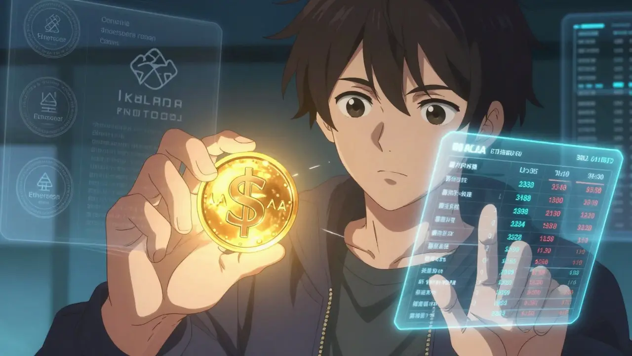 A determined anime protagonist holding a glowing $KALA token while viewing real-time crypto price feeds.