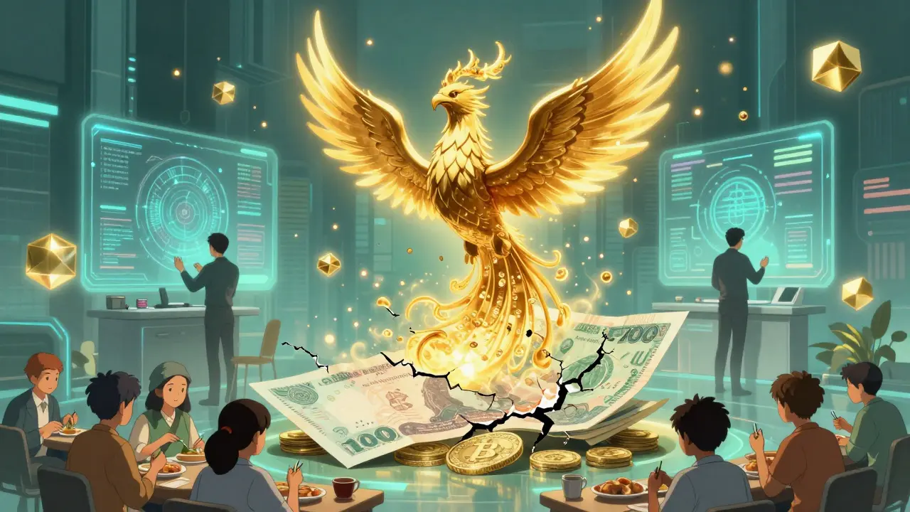 A digital dong currency rises from a traditional banknote amid blockchain nodes and tech builders.