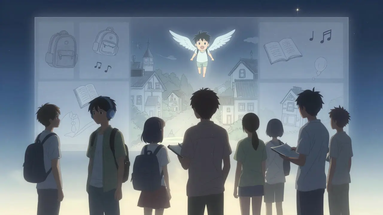 A diverse group of fans stands in a starry void as an animated story of wings and backpacks unfolds behind them.