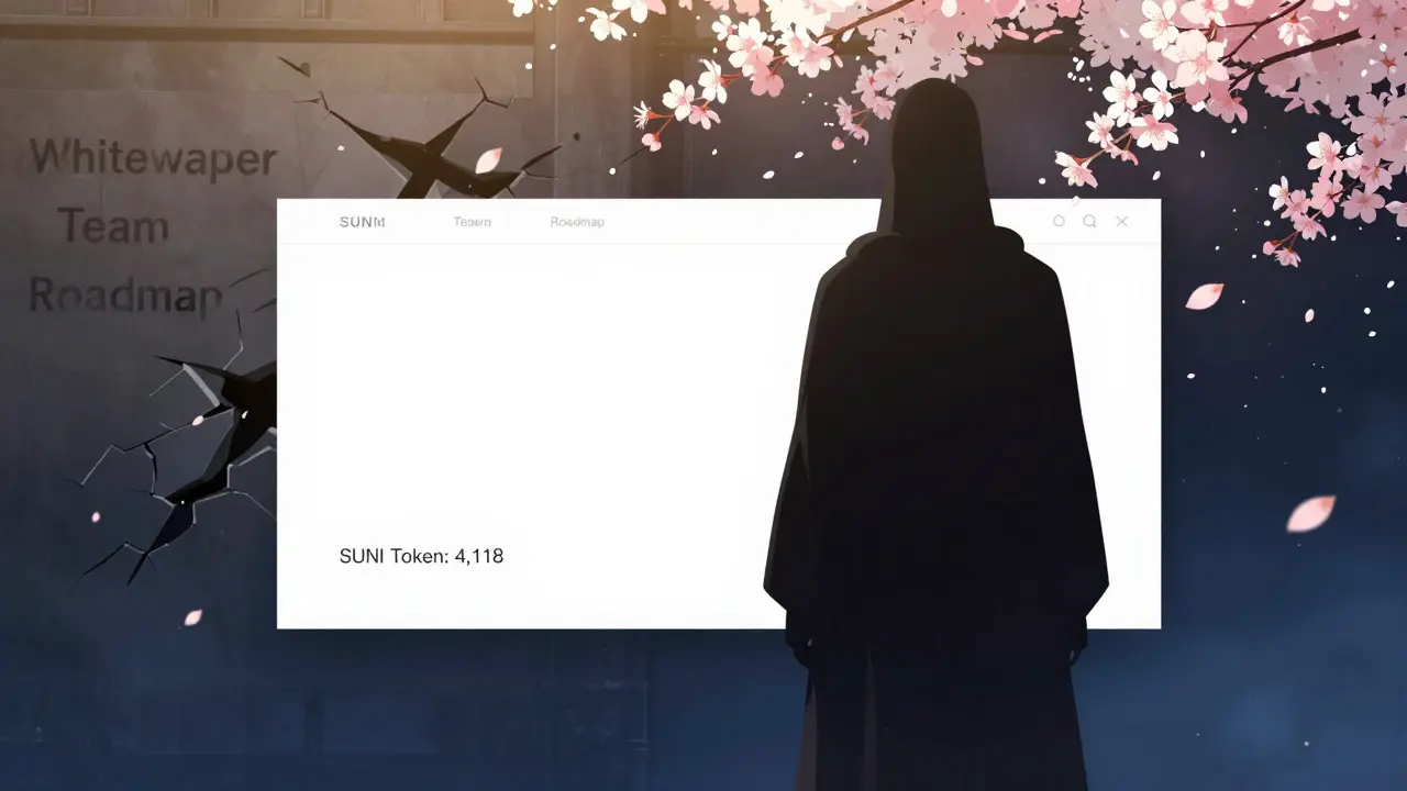 A faceless figure beside a blank SUNI token screen as project details crumble into ash.