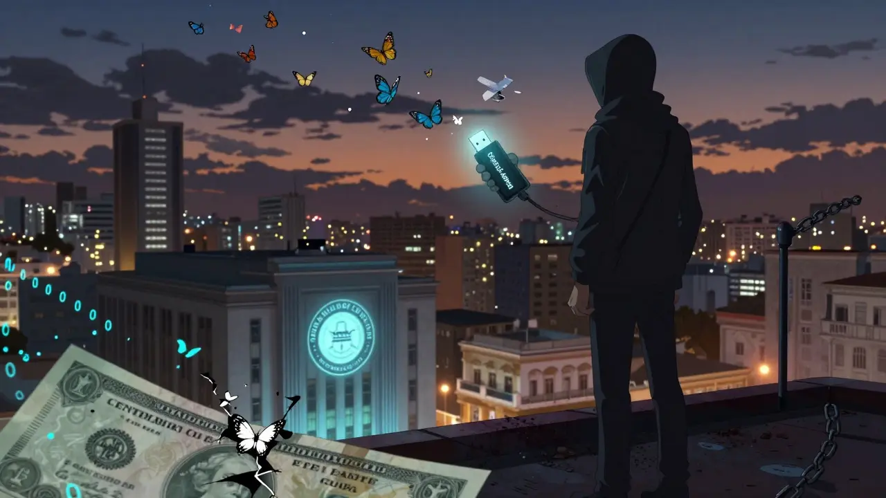 A figure on a Havana rooftop watching crypto chains break into butterflies at dusk.