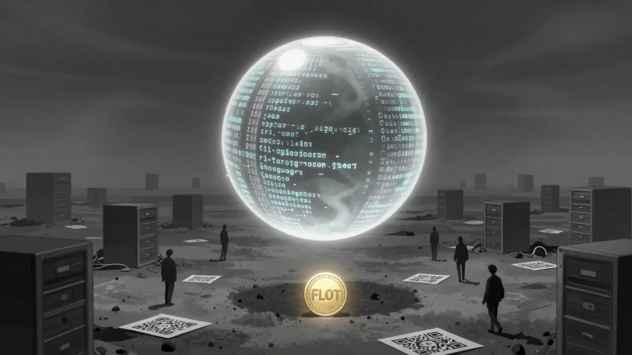 A ghostly code-made lottery ball glowing above an abandoned digital wasteland.