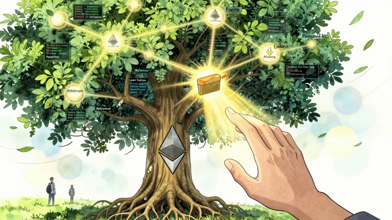 A glowing blockchain tree with contract event logs as leaves, rooted in Ethereum’s logo.