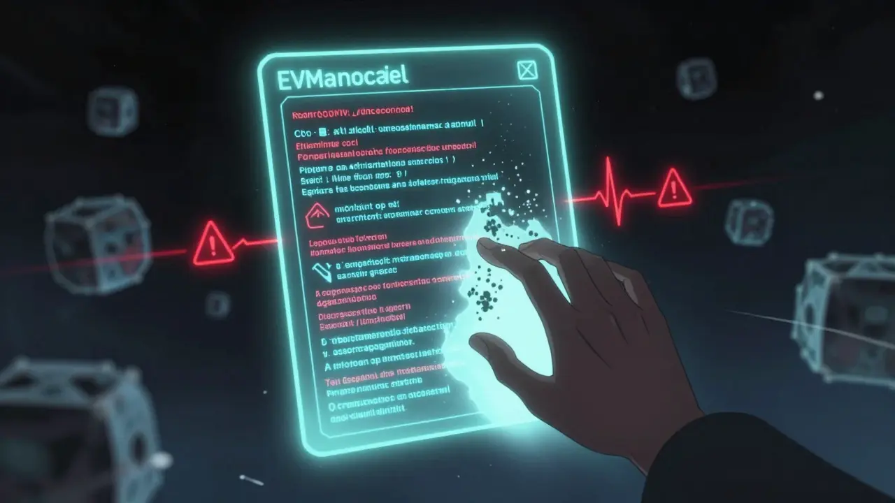 A haunted smart contract glowing with errors, a hand dissolving into pixels before touching it.