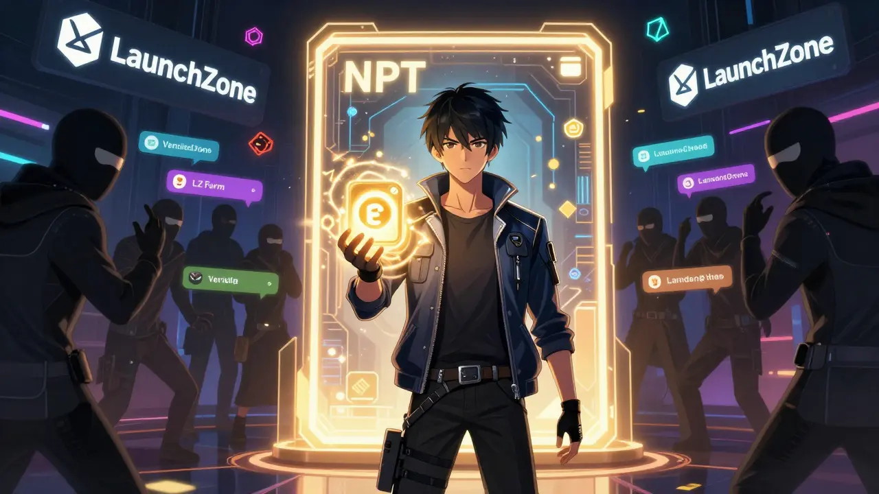 A hero defends against crypto scammers in a digital marketplace with verified NFTs glowing safely.