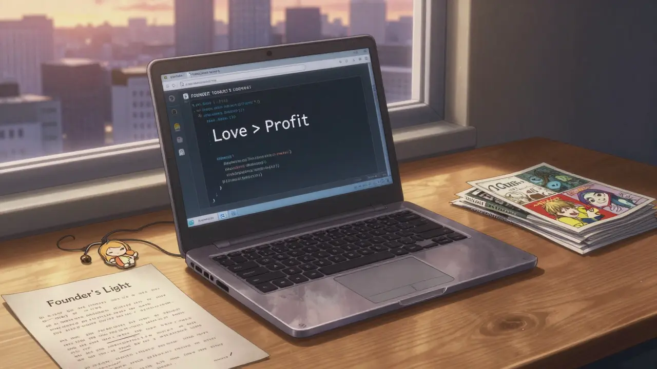 A laptop displays crypto code beside handmade doll pendants and printed song lyrics, with dawn breaking outside.